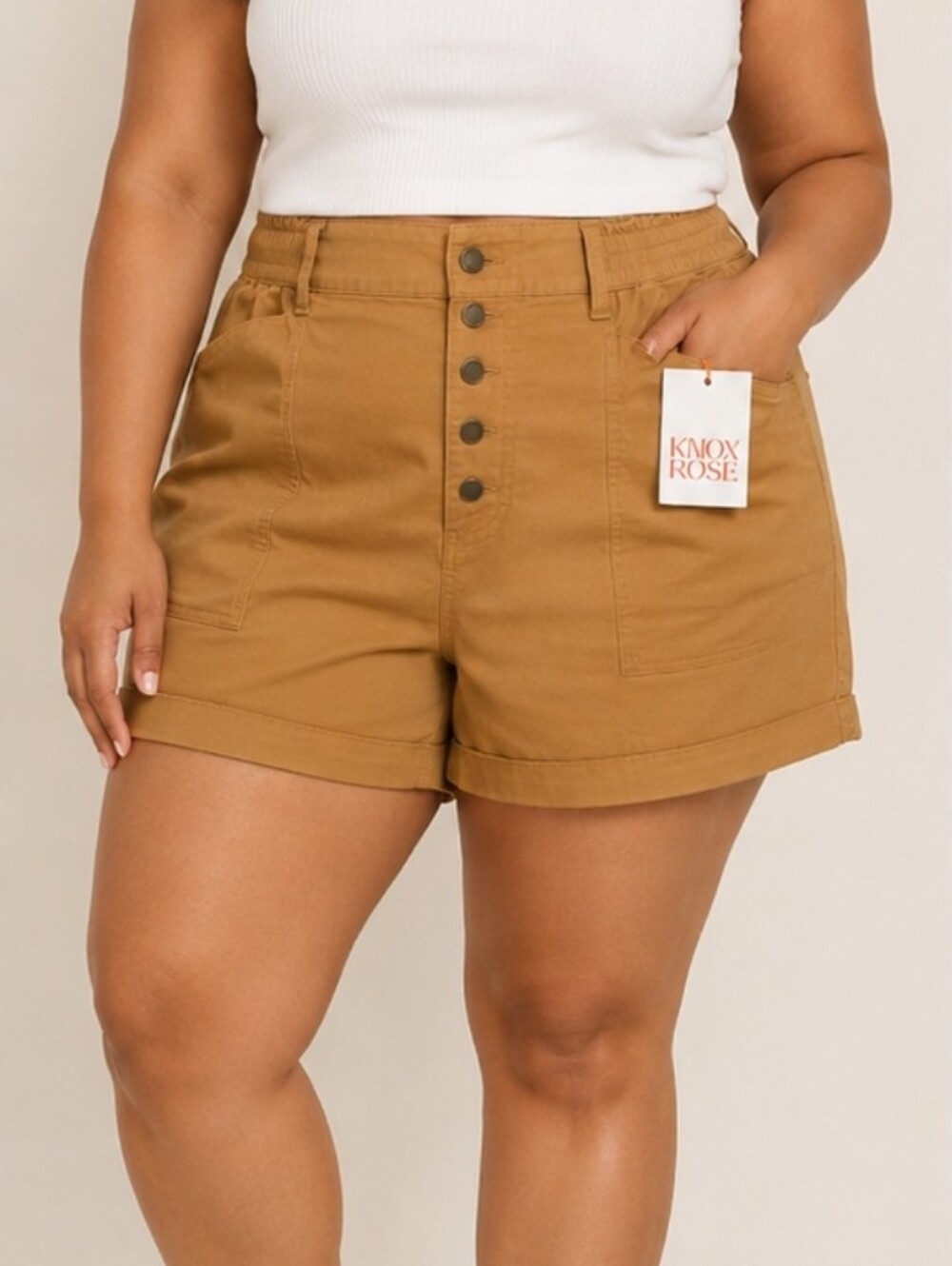 Knox Rose Women's Paperbag High Rise Button Front Shorts Tan Sand Dune Size 2X - Picture 2 of 6